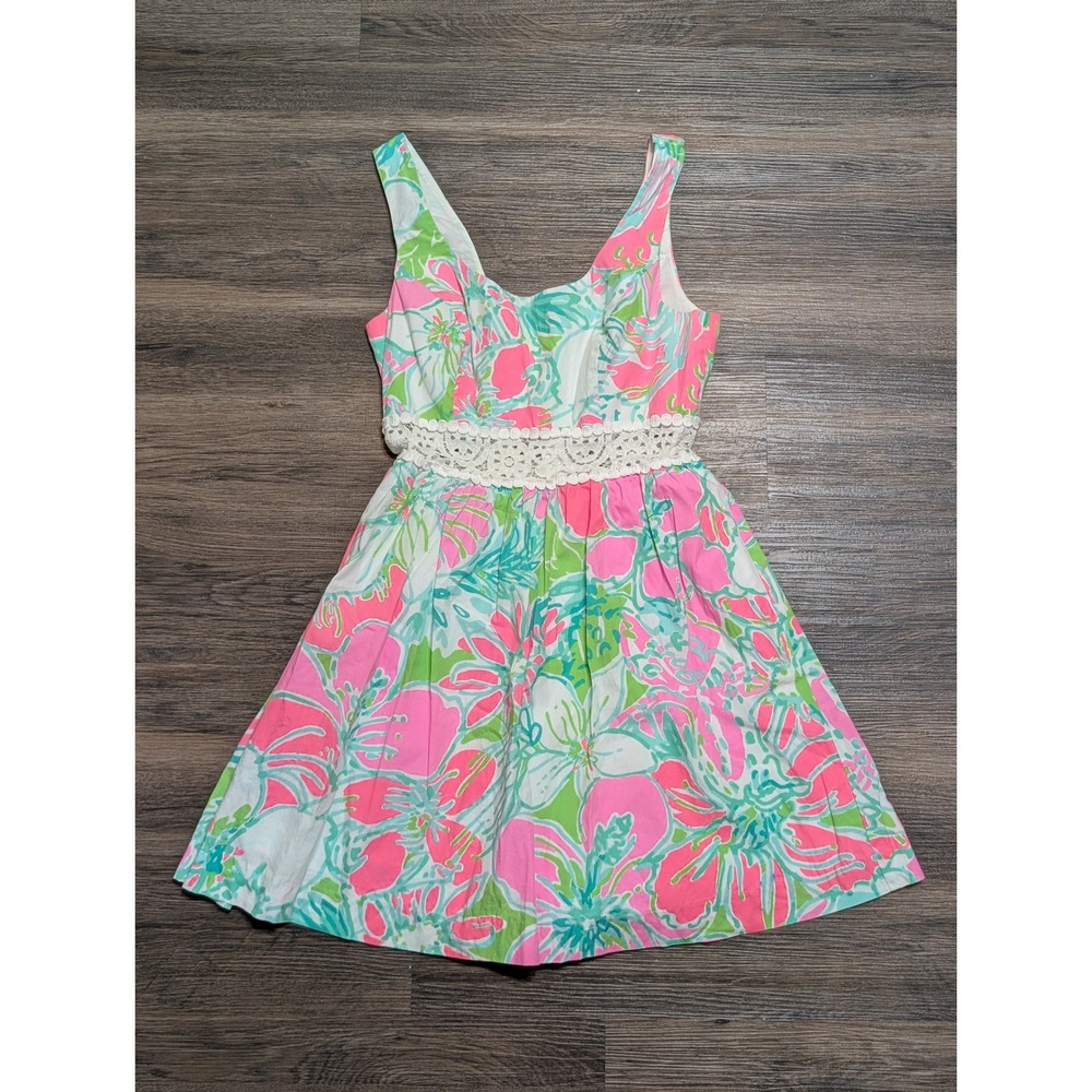 Lilly Pulitzer Floral Rosmarie Dress Pink Green Crochet Waist Size 2 READ
